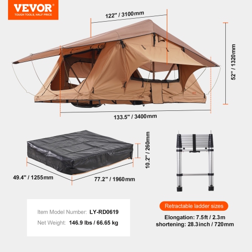 VEVOR 2-3 Person Rooftop Tent Hard Shell, Naturnest Rooftop Tent Hardshell, Folding Hard Shell Roof Top Tent with Telescopic Ladder Mattress PVC
