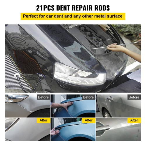 VEVOR 21 PCS Rods Dent Removal Kit, Paintless Dent Repair Rods, Stainless Steel Dent Rods, Whale Tail Dent Repair Tools, Professional Hail Dent