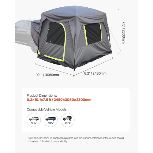 VEVOR 10FT L x 8FT W SUV Tent for Camping, Waterproof PU2000mm Spacious Double Layer Design for 5-8 Person, SUV Camping Tent with Mesh Windows,