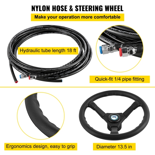 VEVOR 300HP Hydraulic Boat Steering Kit, Hydraulic Steering Kit Helm Pump, Cylinder, Wheel,18 Feet Hose Hydraulic Steering Seal Kit,