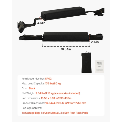 VEVOR 15.5-Inch Soft Roof Rack Pads, Universal Car Roof Rack Pads, 176LBS Loading Capacity Luggage Kayak Carrier with Portable Storage Bag for SUP