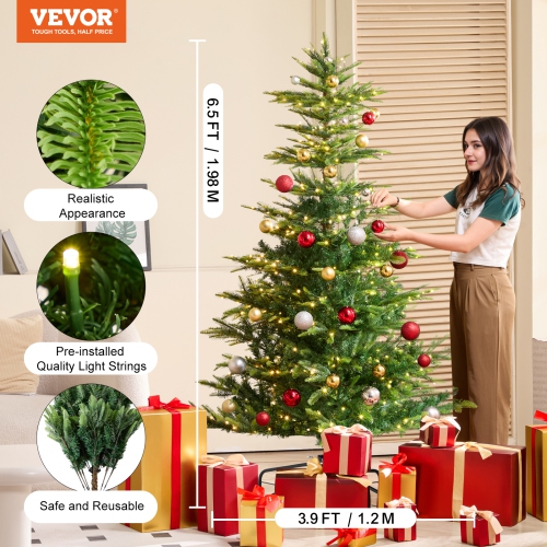 VEVOR 6.5ft Christmas Tree, Prelit Artificial Xmas Tree, Full Holiday Decor Tree with 350 Warm White LED Lights, 900 Branch Tips, Metal Base for Home