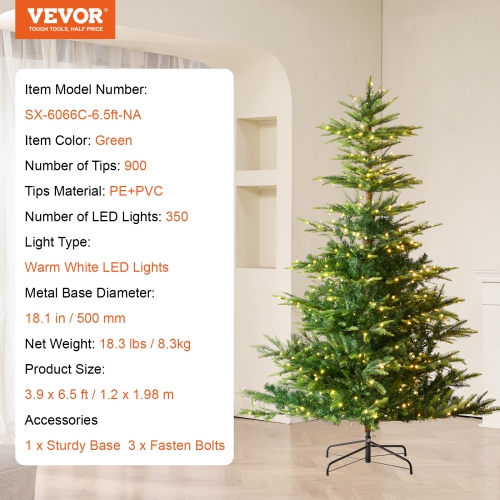 VEVOR 6.5ft Christmas Tree, Prelit Artificial Xmas Tree, Full Holiday Decor Tree with 350 Warm White LED Lights, 900 Branch Tips, Metal Base for Home