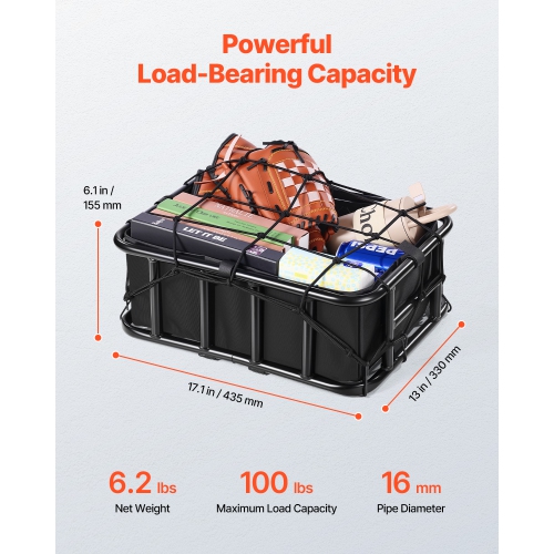 VEVOR Rear Bike Basket, Medium Bicycle Basket with Cargo Net, Liner & Waterproof Cover, Bike Back Basket for Adult Carrying Dogs, Pets, Fruit &