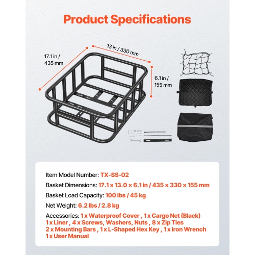 VEVOR Rear Bike Basket, Medium Bicycle Basket with Cargo Net, Liner & Waterproof Cover, Bike Back Basket for Adult Carrying Dogs, Pets, Fruit &