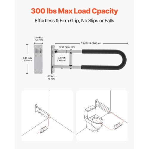 VEVOR 23.8 Inch Toilet Rail, U-Shaped Handicap Grab Bar, Foldable Safety Pole, Flip Up Grab Bar with Anti-Slip Support Handle, 300 Lb Load Capacity