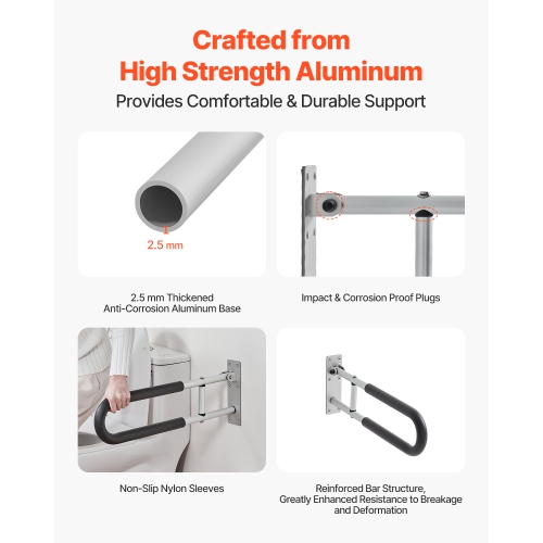 VEVOR 23.8 Inch Toilet Rail, U-Shaped Handicap Grab Bar, Foldable Safety Pole, Flip Up Grab Bar with Anti-Slip Support Handle, 300 Lb Load Capacity
