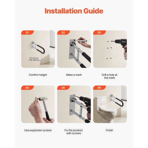VEVOR 23.8 Inch Toilet Rail, U-Shaped Handicap Grab Bar, Foldable Safety Pole, Flip Up Grab Bar with Anti-Slip Support Handle, 300 Lb Load Capacity