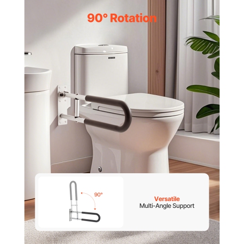 VEVOR 23.8 Inch Toilet Rail, U-Shaped Handicap Grab Bar, Foldable Safety Pole, Flip Up Grab Bar with Anti-Slip Support Handle, 300 Lb Load Capacity