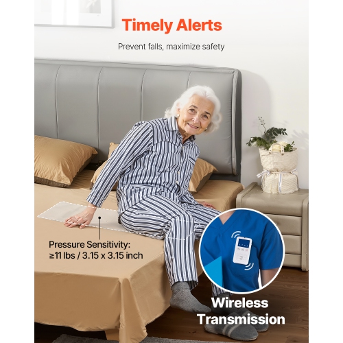 VEVOR 10 x 35-inch Alert Bed Alarm System,Wireless Bed Sensor Pad with Call Button & Pager,Pre-Alert Safety Bed Alarms and Fall Prevention for