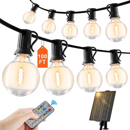 VEVOR 100FT Solar Outdoor String Lights, 2700K Dimmable Patio Lights with Remote Control,50 Solar Powered LED G40 Bulbs, Waterproof Hanging Lights