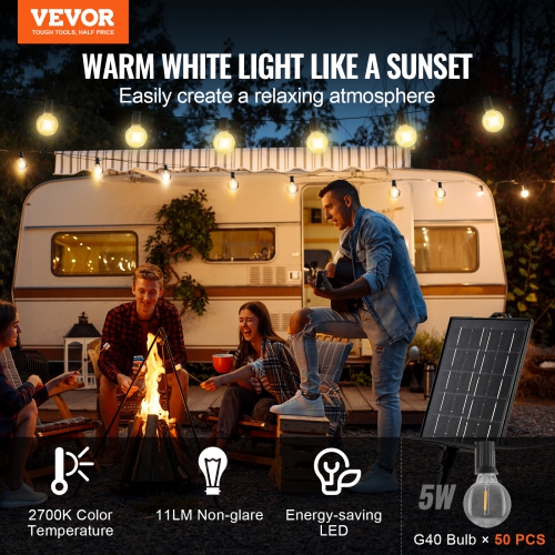 VEVOR 100FT Solar Outdoor String Lights, 2700K Dimmable Patio Lights with Remote Control,50 Solar Powered LED G40 Bulbs, Waterproof Hanging Lights