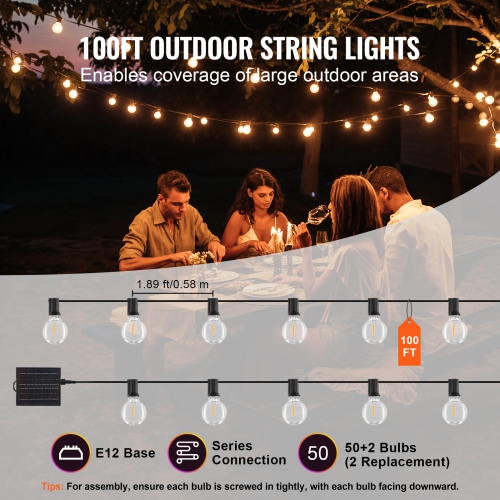 VEVOR 100FT Solar Outdoor String Lights, 2700K Dimmable Patio Lights with Remote Control,50 Solar Powered LED G40 Bulbs, Waterproof Hanging Lights