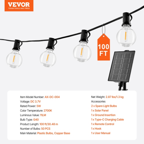 VEVOR 100FT Solar Outdoor String Lights, 2700K Dimmable Patio Lights with Remote Control,50 Solar Powered LED G40 Bulbs, Waterproof Hanging Lights