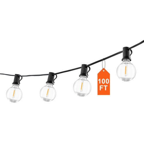 VEVOR 100FT Solar Outdoor String Lights, 2700K Dimmable Patio Lights with Remote Control,50 Solar Powered LED G40 Bulbs, Waterproof Hanging Lights