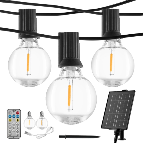 VEVOR 100FT Solar Outdoor String Lights, 2700K Dimmable Patio Lights with Remote Control,50 Solar Powered LED G40 Bulbs, Waterproof Hanging Lights