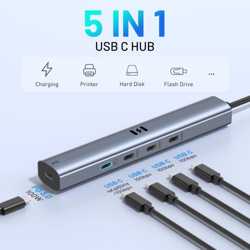 5 in 1 USB C Hub with 10Gbps 4K@60Hz, USB C to USB C Hub with Video Output Data Transfer 100W PD Charging USB C Hub Multiport Adapter Dongle for