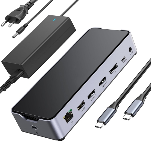 USB C Docking Station 3 Monitors with 150W DC Power, 2 HDMI, USB A/C, 10Gbps, Ethernet, MicroSD & SD, Audio & Mic for Dell/Lenovo/HP/Windows/Mac