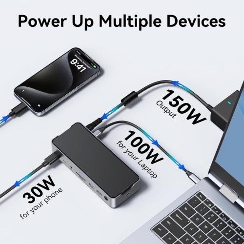 USB C Docking Station 3 Monitors with 150W DC Power, 2 HDMI, USB A/C, 10Gbps, Ethernet, MicroSD & SD, Audio & Mic for Dell/Lenovo/HP/Windows/Mac