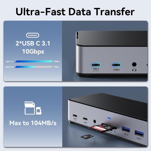 USB C Docking Station 3 Monitors with 150W DC Power, 2 HDMI, USB A/C, 10Gbps, Ethernet, MicroSD & SD, Audio & Mic for Dell/Lenovo/HP/Windows/Mac
