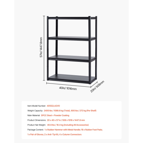 VEVOR 2400 lbs Garage Storage Shelves, 4 Tier, 20" D x 40" W x 57" H Adjustable Metal Shelves for Garage Shelves Utility Rack Shelf, Ideal for