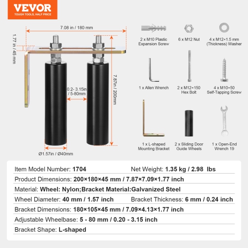 VEVOR 6" Sliding Gate Kit, Rolling Gate Hardware Kit with L-Bracket, Universal Adjustable Sliding Gate Rollers, Black Sliding Gate Guide Roller for