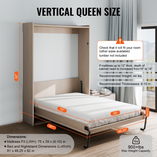 VEVOR Murphy Bed Kit, Twin Size, Vertical Deluxe DIY Wall Bed Mechanical Hardware Kit, Pneumatic Lever Heavy Duty Bed Frame Support, Folding Cabinet