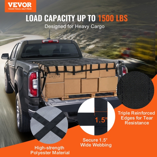 VEVOR 72 in x 57 in Truck Cargo Net for Truck Bed, 4 Adjustable Straps with Carabiners & S-Hooks, Wear-resistant & Weather-proof, Suitable for