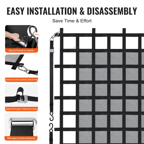VEVOR 72 in x 57 in Truck Cargo Net for Truck Bed, 4 Adjustable Straps with Carabiners & S-Hooks, Wear-resistant & Weather-proof, Suitable for