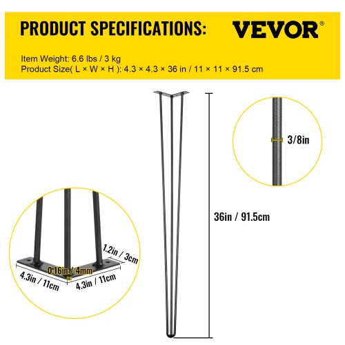 VEVOR 36 inch Hairpin Table Legs Black Set of 4 Desk Legs Each 220lbs Capacity Hairpin Desk Legs 3 Rods for Bench Desk Table Carbon Steel DIY Table