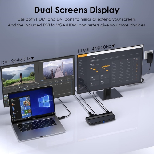 USB 3.0 Docking Station with 4K HDMI and 1080P DVI Dual Display for Windows and Mac(Gigabit Ethernet, Audio, 6 USB Ports, DVI to HDMI/VGA Converter,