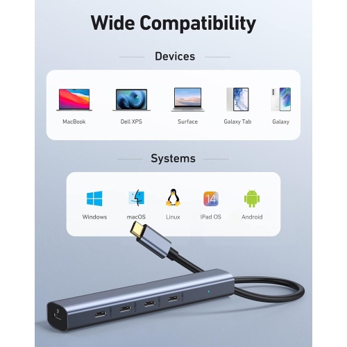 5 in 1 USB C Splitter with 4 USB 3.1+100W Power Delivery, USB C to USB C Hub Multiport Adapter, USB C Hub for MacBook Pro/Air, iPad, Dell, HP, Samsung