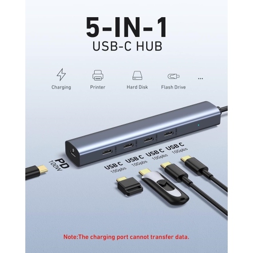 5 in 1 USB C Splitter with 4 USB 3.1+100W Power Delivery, USB C to USB C Hub Multiport Adapter, USB C Hub for MacBook Pro/Air, iPad, Dell, HP, Samsung