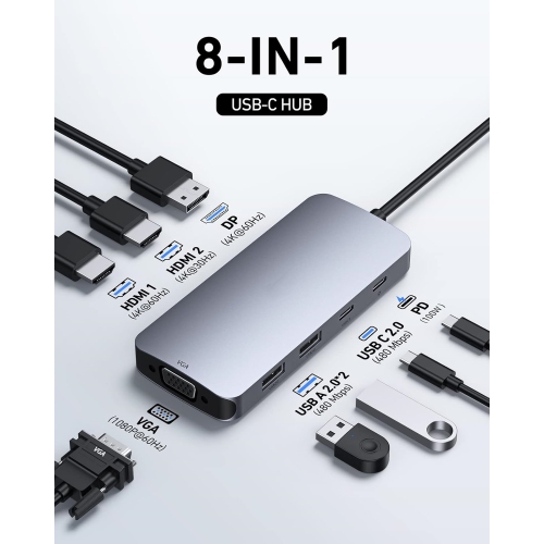 USB C Docking Station for Laptop Dual HDMI Monitor, 8 in 1 Triple 4K Docking Station 4 Monitors Adapter, VGA, 100W PD, 2 USB A 2.0, USB C 2.0 USB C