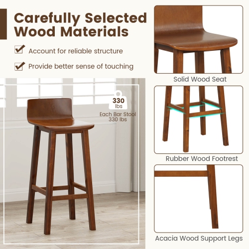 Costway 29" Wood Bar Stools Set of 2/4 with Solid Back & Seat Mid Century Bar Chairs
