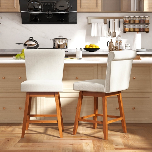 Costway 27" Swivel Bar Stools Set of 2 with Rubber Wood Legs Upholstered Linen Bar Chairs Beige