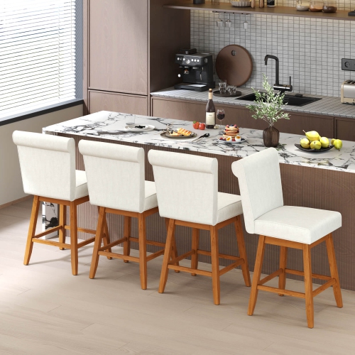 Costway 27" Swivel Bar Stools Set of 2 with Rubber Wood Legs Upholstered Linen Bar Chairs Beige
