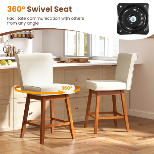 Costway 27" Swivel Bar Stools Set of 2 with Rubber Wood Legs Upholstered Linen Bar Chairs Beige