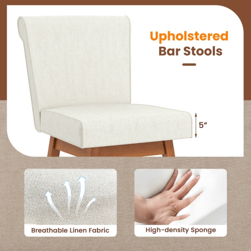 Costway 27" Swivel Bar Stools Set of 2 with Rubber Wood Legs Upholstered Linen Bar Chairs Beige