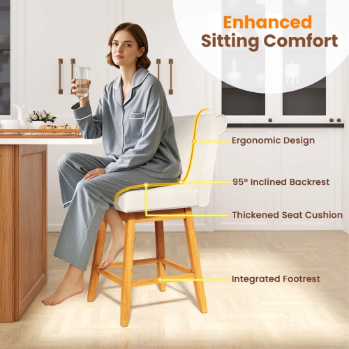 Costway 27" Swivel Bar Stools Set of 2 with Rubber Wood Legs Upholstered Linen Bar Chairs Beige