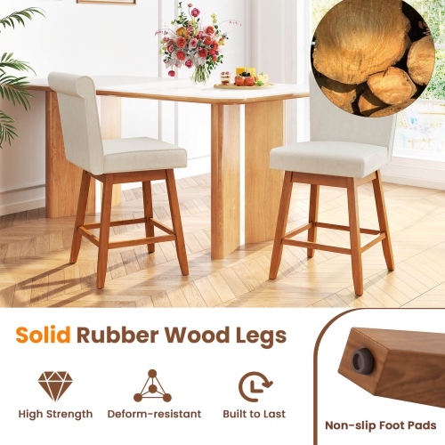 Costway 27" Swivel Bar Stools Set of 2 with Rubber Wood Legs Upholstered Linen Bar Chairs Beige