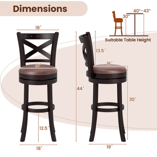 Costway 29" Swivel Bar Stools Set of 2/4 Footrest & Rubber Wood Frame for Kitchen Island