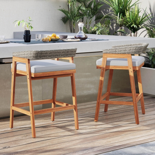 Costway Patio Counter Height Bar Stools Set of 2 with Cushions PE Wicker Backrests