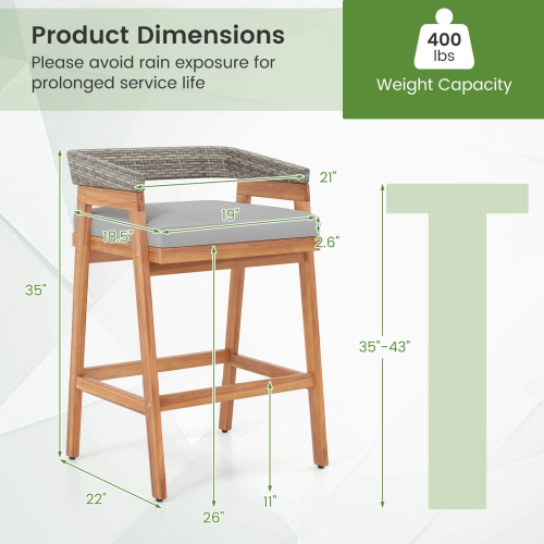 Costway Patio Counter Height Bar Stools Set of 2 with Cushions PE Wicker Backrests