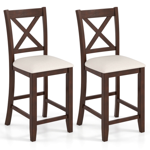 Costway Rubber Wooden Bar Stools Set of 2/4 with Footrest Comfortable Linen Cushion