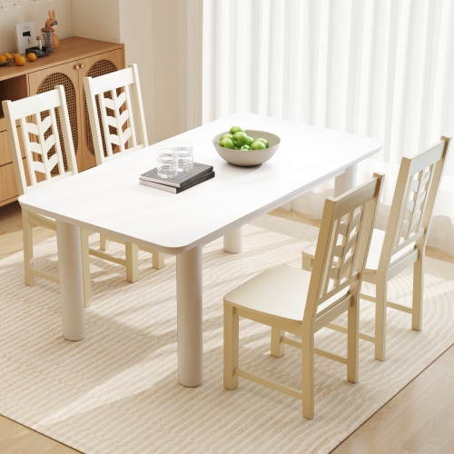 Costway Dining Chair Set of 4 with Rubber Wood Frame & Leaf-shape High Back for Kitchen White