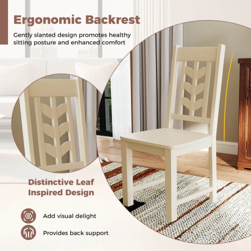 Costway Dining Chair Set of 4 with Rubber Wood Frame & Leaf-shape High Back for Kitchen White