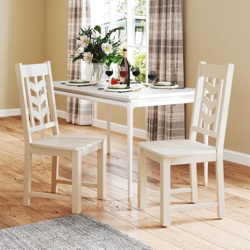 Costway Dining Chair Set of 2 with Rubber Wood Frame & Leaf-shape High Back for Kitchen Cream White