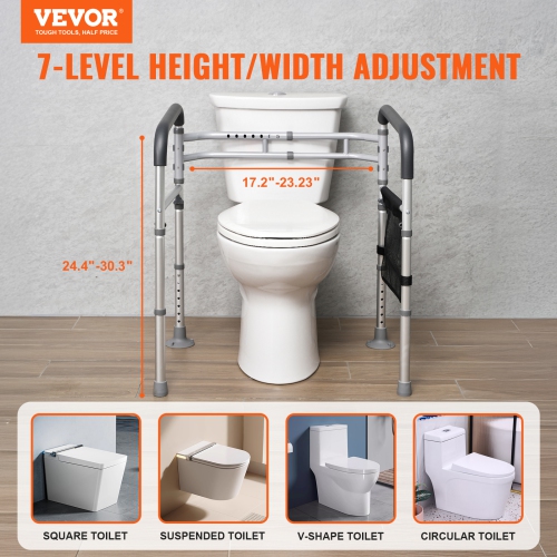 VEVOR 300 LBS Toilet Safety Rail, Foldable Toilet Seat with Non-Slip Handles, Portable Versatile Toilet Handrails with Reinforced Aluminum Alloy