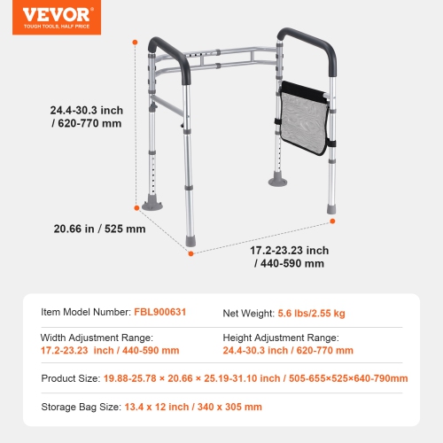 VEVOR 300 LBS Toilet Safety Rail, Foldable Toilet Seat with Non-Slip Handles, Portable Versatile Toilet Handrails with Reinforced Aluminum Alloy